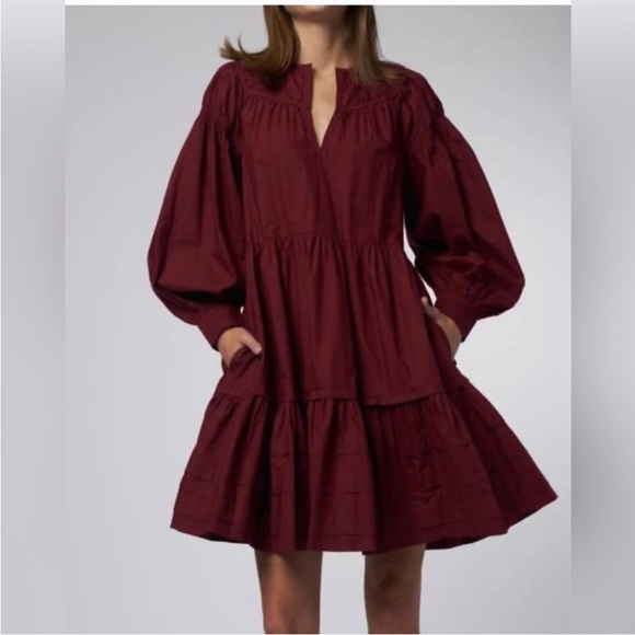 Ulla Johnson Rosa Dress Bordeaux Red Long Sleeve Tiered Cotton Sz 4 - Picture 1 of 15